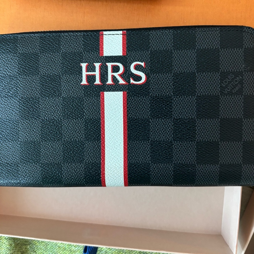 Louis Vuitton Black Damier Stripe Wallet with White and Red Accents